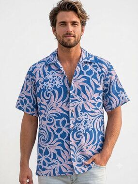 Go Barefoot Vintage Blue & Pink Hibiscus Floral Hawaiian Shirt Short Sleeve M